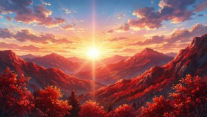 Phong cảnh núi non đỏ rực rỡ theo phong cách anime với hoàng hôn