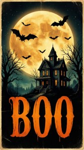 Áp phích phong cách retro với mặt trăng, dơi, ngôi nhà ma ám và dòng chữ BOO