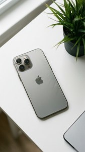 Ảnh chụp từ trên xuống iPhone 12 Pro Max màu Bạc cùng cây xanh.