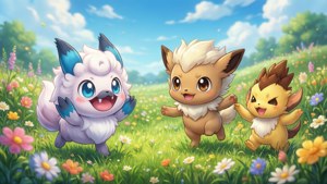 Hình nền dễ thương về các Pokémon vùng Galar đang chơi đùa.