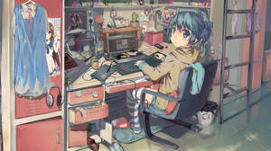 Bàn làm việc laptop bừa bộn trong anime — Anime laptop Hình nền