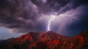 Cơn giông dữ dội với tia sét đánh vào đỉnh núi đỏ