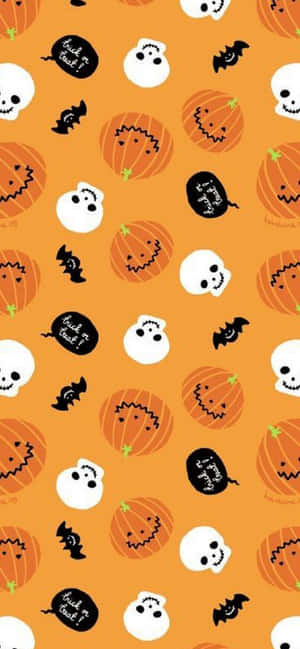 bí ngô Halloween và đầu lâu trên nền cam — 1170x2532 Hình nền