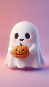 Hình nền Halloween màu phấn dễ thương với một chú ma thân thiện ôm quả bí ngô trên nền hồng nhạt và oải hương.
