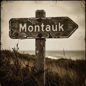 Biển chỉ dẫn đến Montauk phai màu, tông nâu đỏ, cảm giác cổ điển từ The Affair. — Pixel Watch 3 Hình nền