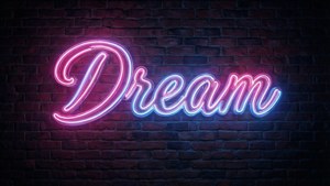 Biển hiệu neon 'Giấc Mơ' màu hồng và xanh dương trên nền gạch tối dành cho màn hình amoled