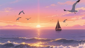Một cảnh hoàng hôn anime tuyệt đẹp trên biển với màu sắc ấm áp và cảm giác hoài niệm. — Anime phong cảnh GIF Hình nền