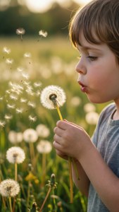 Một đứa trẻ thổi hạt bồ công anh vào giờ vàng trong cánh đồng mùa xuân.