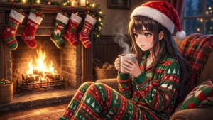 Hai cô gái anime mặc đồ ngủ bên lò sưởi đang uống ca cao. — Anime giáng sinh Hình nền