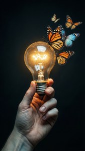 Tay cầm bóng đèn phát sáng cùng những con bướm.