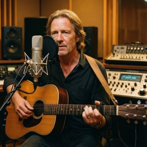 Robert Forster với cây đàn guitar trong phòng thu, ánh đèn ấm — Tecno Phantom V Flip2 Hình nền