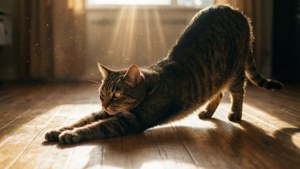 Một chú mèo đang vươn vai trong tia nắng trên sàn gỗ. — Mèo Hình nền