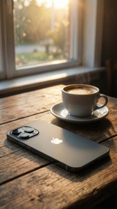 iPhone 17 graphite trên bàn gỗ với cà phê, ánh sáng buổi sáng ấm áp.