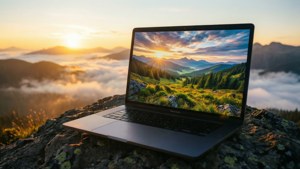Một chiếc MacBook Pro trên đỉnh núi trong cảnh bình minh ngoạn mục. — MacBook Hình nền