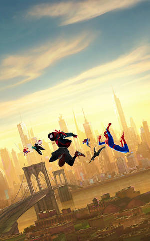Into The Spider Verse với nhiều Người Nhện khác nhau đang nhảy trên không. — Galaxy Tab S9 Hình nền