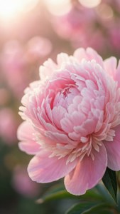 Một bông hoa mẫu đơn màu hồng nhạt thẩm mỹ với nền mờ bokeh mềm mại.