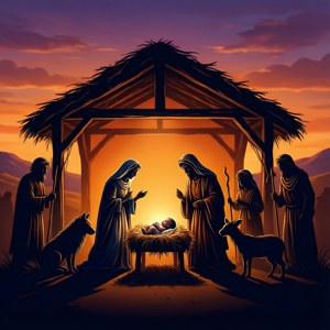 Cảnh tượng Chúa giáng sinh bóng đen ấn tượng lúc hoàng hôn với người chăn cừu và động vật. — Huawei nova Flip Hình nền