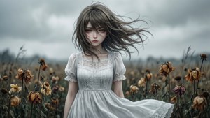 Một cô gái anime trên cánh đồng héo úa, buồn bã và bay trong gió. — Anime buồn GIF Hình nền
