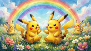Màu nước dễ thương của Pikachu đang chơi đùa trong cánh đồng hoa với cầu vồng. — Nintendo Hình nền