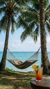 Cảnh võng nhiệt đới với làn nước xanh ngọc và đồ uống. — Mùa hè thẩm mỹ Hình nền