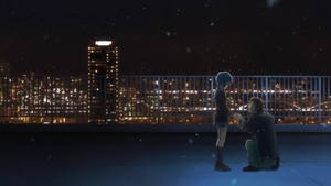 Cảnh trường học anime Yuki Nagato và Kyon trên sân thượng ban đêm