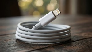 Cận cảnh dây sạc iPhone cuộn tròn trên gỗ với hiệu ứng bokeh