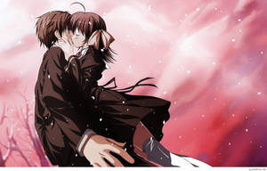 Cặp đôi anime ôm nhau dưới bầu trời đỏ