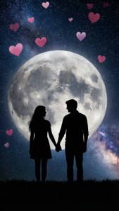 Bóng hình lãng mạn của một cặp đôi dưới ánh trăng thiên hà với những ngôi sao hình trái tim. — iPhone 6 Hình nền