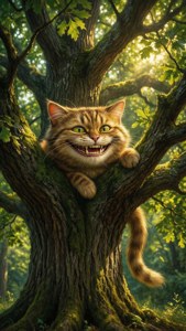 Chú mèo Cheshire thực tế đang cười tươi trong cây sồi ngập nắng. — iPhone 6 Hình nền