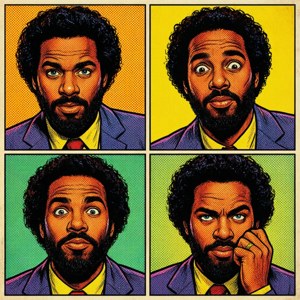 Meer Campbell trong phong cách truyện tranh pop art với nhiều khung hình. — Pixel Watch 4 Hình nền