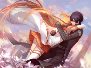 Hình nền chàng trai và cô gái tóc vàng ôm nhau trong anime
