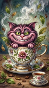 Chú Mèo Cheshire màu nước kỳ ảo thò đầu ra từ một tách trà.