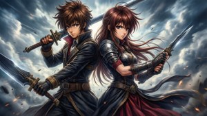 Cặp đôi anime trong tư thế chiến đấu lưng tựa lưng — Anime couple GIF Hình nền