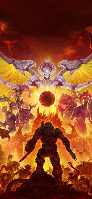 Hình nền nghệ thuật Doom Eternal với Doom Slayer đối mặt Khan Maykr và tay sai.