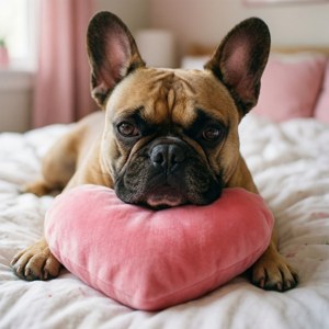 Chú chó Bulldog Pháp dễ thương với chiếc gối hình trái tim, hình nền yêu thương và dịu dàng. — Huawei nova Flip Hình nền