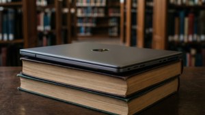 Một chiếc Chromebook đặt trên những cuốn sách trong thư viện, lý tưởng cho chủ đề học tập.