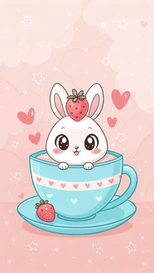 Thỏ dễ thương, tách trà, dâu tây, kawaii, đáng yêu, hồng, hoạt hình, trái tim, ngọt ngào, kỳ ảo