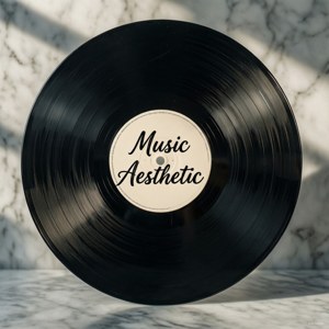 Đĩa than với dòng chữ 'Music Aesthetic' trên nền đá cẩm thạch tối giản. — Âm nhạc thẩm mỹ Hình nền