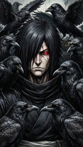 Itachi Uchiha được bao quanh bởi những con quạ đặc trưng của anh trong bối cảnh kỳ ảo đen tối. — Itachi Hình nền
