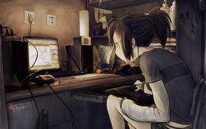 Cô gái anime bối rối trước laptop — Anime laptop Hình nền