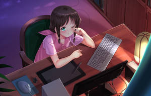 Cô gái anime cố nén cơn buồn ngủ trước máy tính xách tay — Anime laptop Hình nền