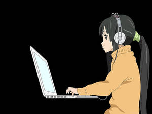 Cô gái anime đang làm việc trên laptop trắng mỏng — Anime laptop Hình nền
