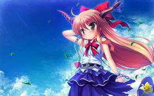 Cô gái anime dễ thương với sừng và lá rơi