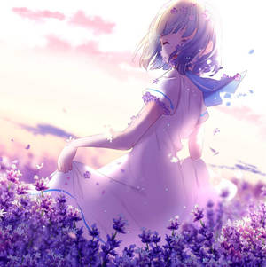 Cô gái anime dễ thương trên cánh đồng hoa