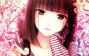 Cô gái anime dễ thương cầm bút với hình vẽ nguệch ngoạc