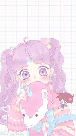 Cô gái anime dễ thương với thú nhồi bông kỳ lân
