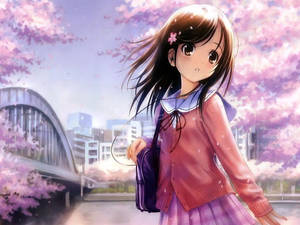 Cô gái anime dễ thương bên cây hoa anh đào