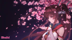 Hình nền cô gái anime mặc đồng phục đứng dưới gốc cây hoa anh đào hồng