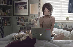 Cô gái anime làm việc với laptop trên giường — Anime laptop Hình nền