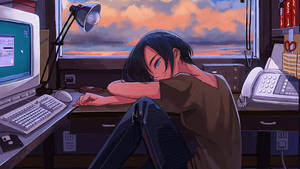 Cô gái Anime mệt mỏi trước máy tính — Anime laptop Hình nền